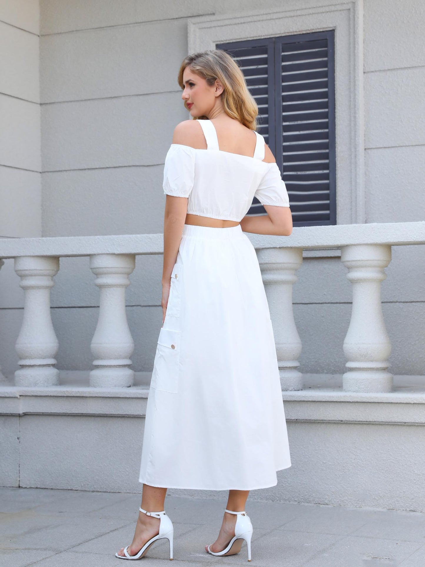 Women's White Off-shoulder Crop Top + Cargo-style Midi Skirt Set, Casual Street-style Multi-pocket Two-piece Outfit