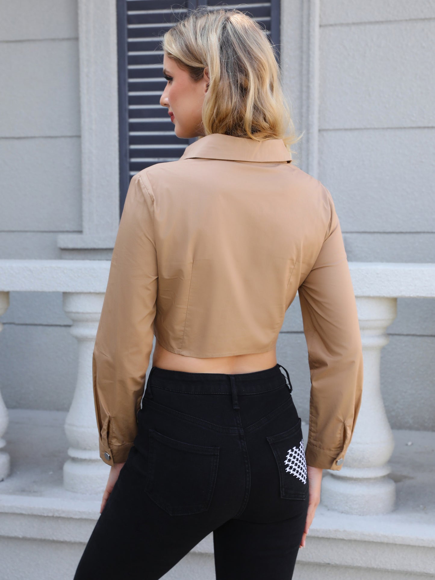 Women's Khaki Fringed Beaded Cropped Cargo Shirt + Black Jeans Set, Party-style Retro Metallic Accent Two-piece Outfit