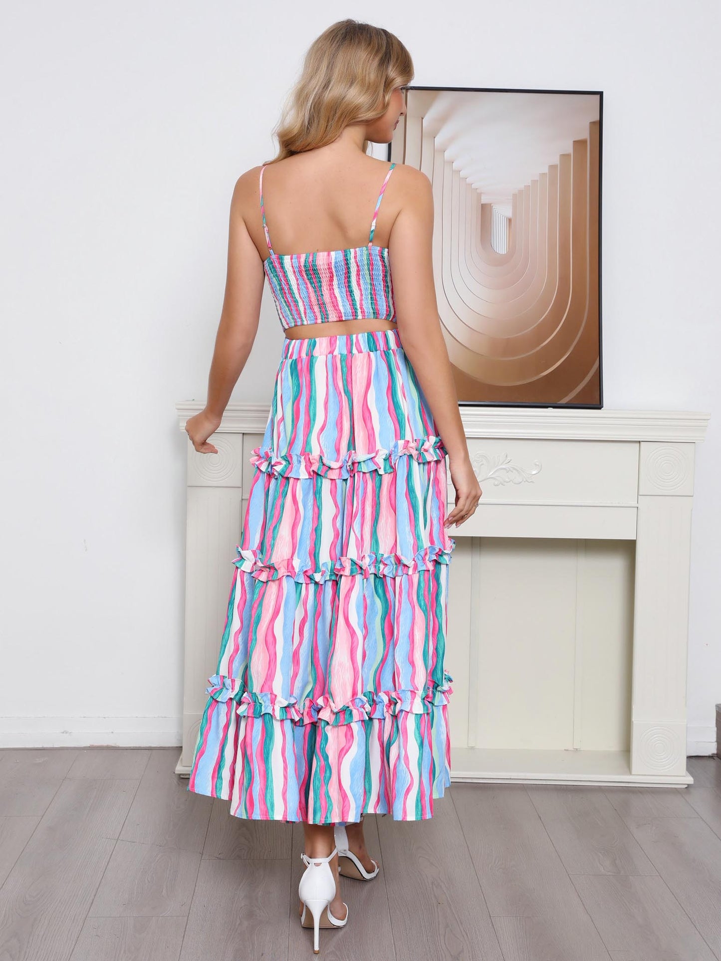 Women's Colorful Wave Stripe Camisole Ruffled Maxi Dress, Holiday-style Sweet Waisted Midi Dress