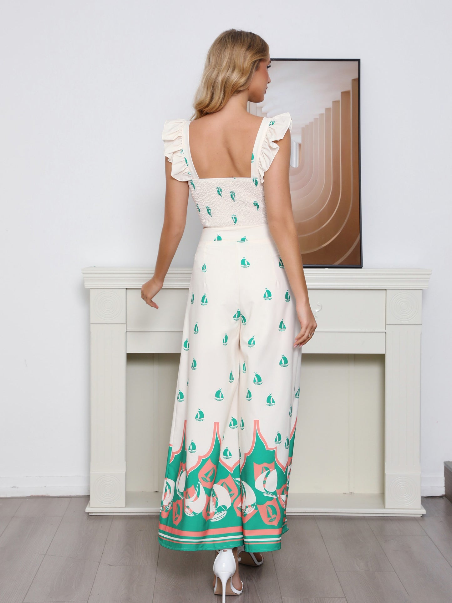 Women's Beige Sailboat Print Ruffled Camisole Crop Top + Wide-leg Pants Set, Holiday-style Sweet Waisted Two-piece Outfit