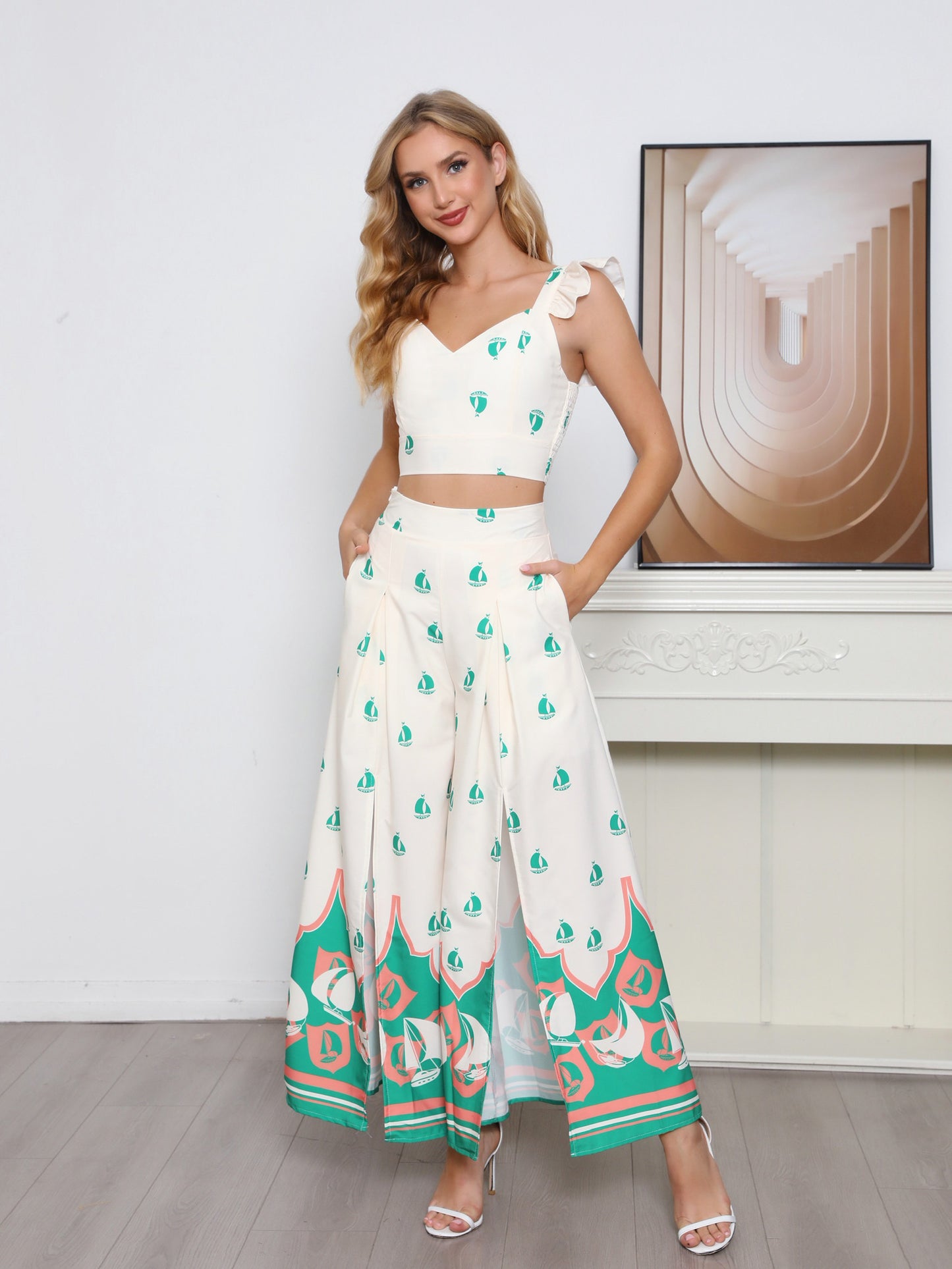 Women's Beige Sailboat Print Ruffled Camisole Crop Top + Wide-leg Pants Set, Holiday-style Sweet Waisted Two-piece Outfit