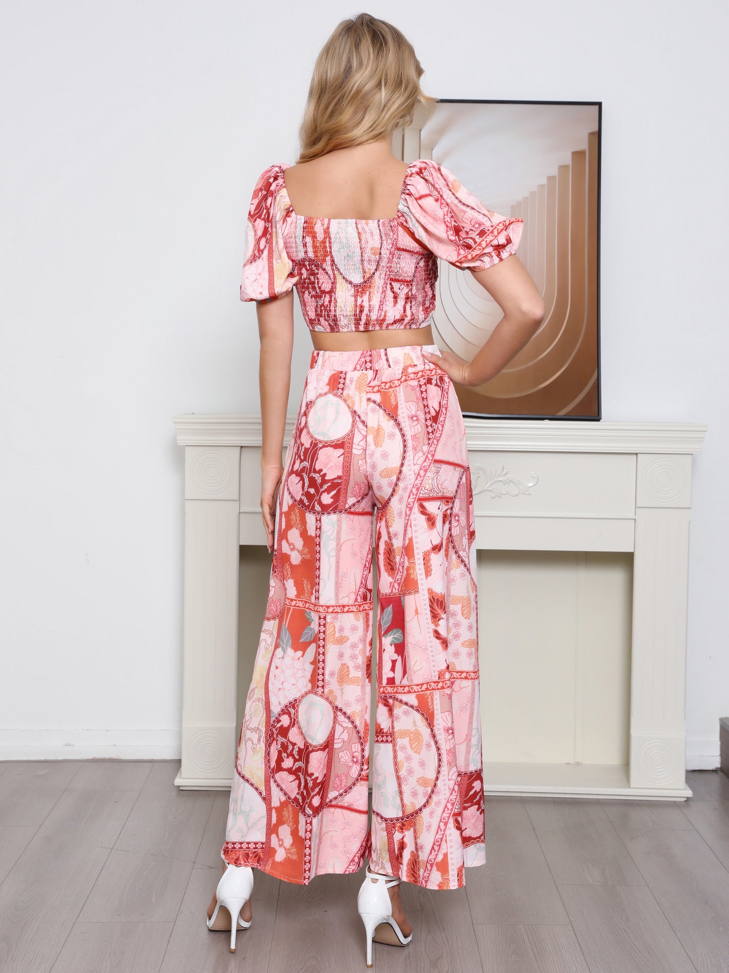 Women's Pink and Orange Floral Patchwork Puff Sleeve Crop Top + Wide-leg Pants Set, Holiday-style Sweet Waisted Two-piece Outfit