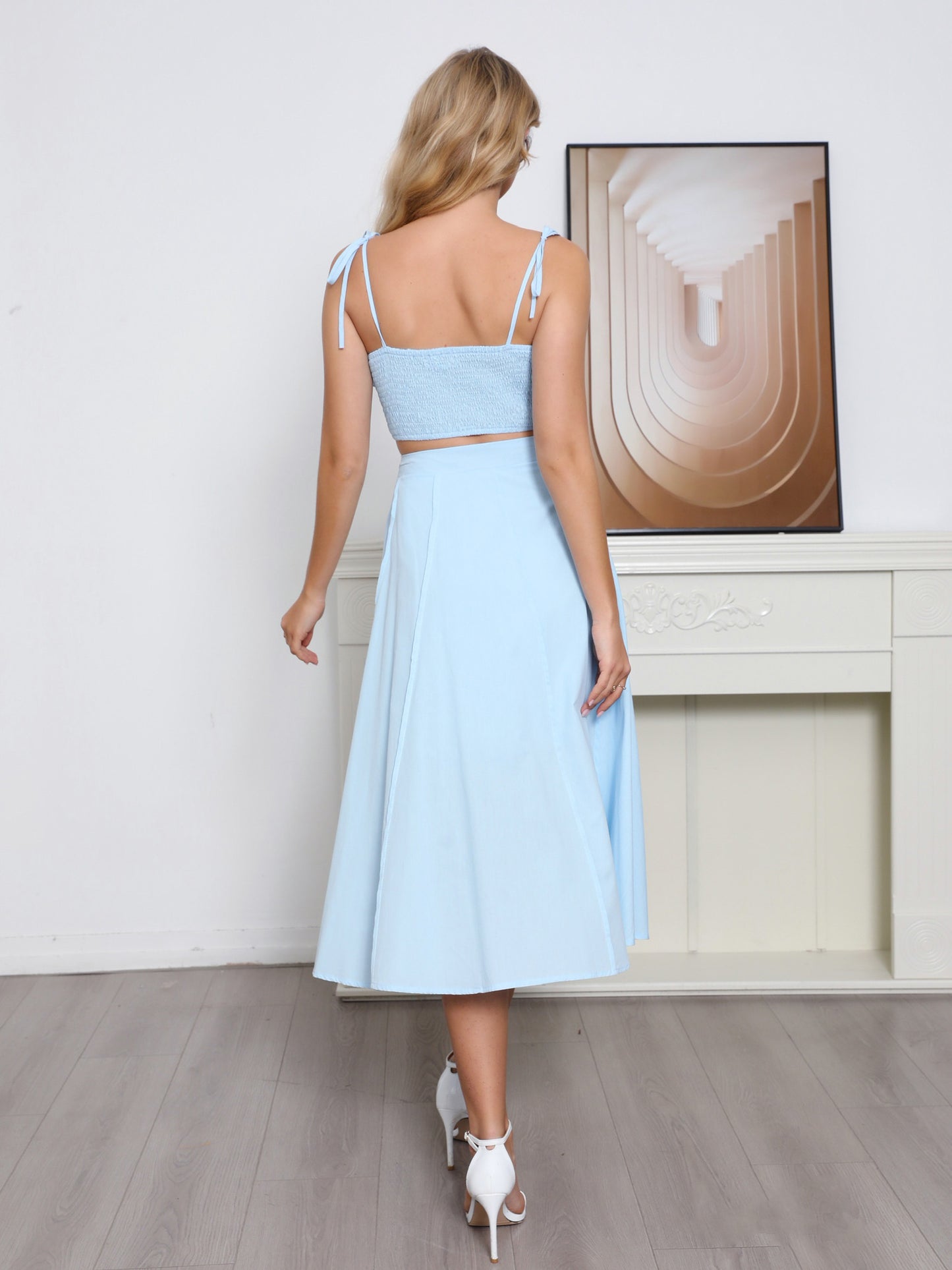 Women's Light Blue Ruffled Camisole Crop Top + Midi Skirt Set, French Retro-style Sweet Two-piece Outfit