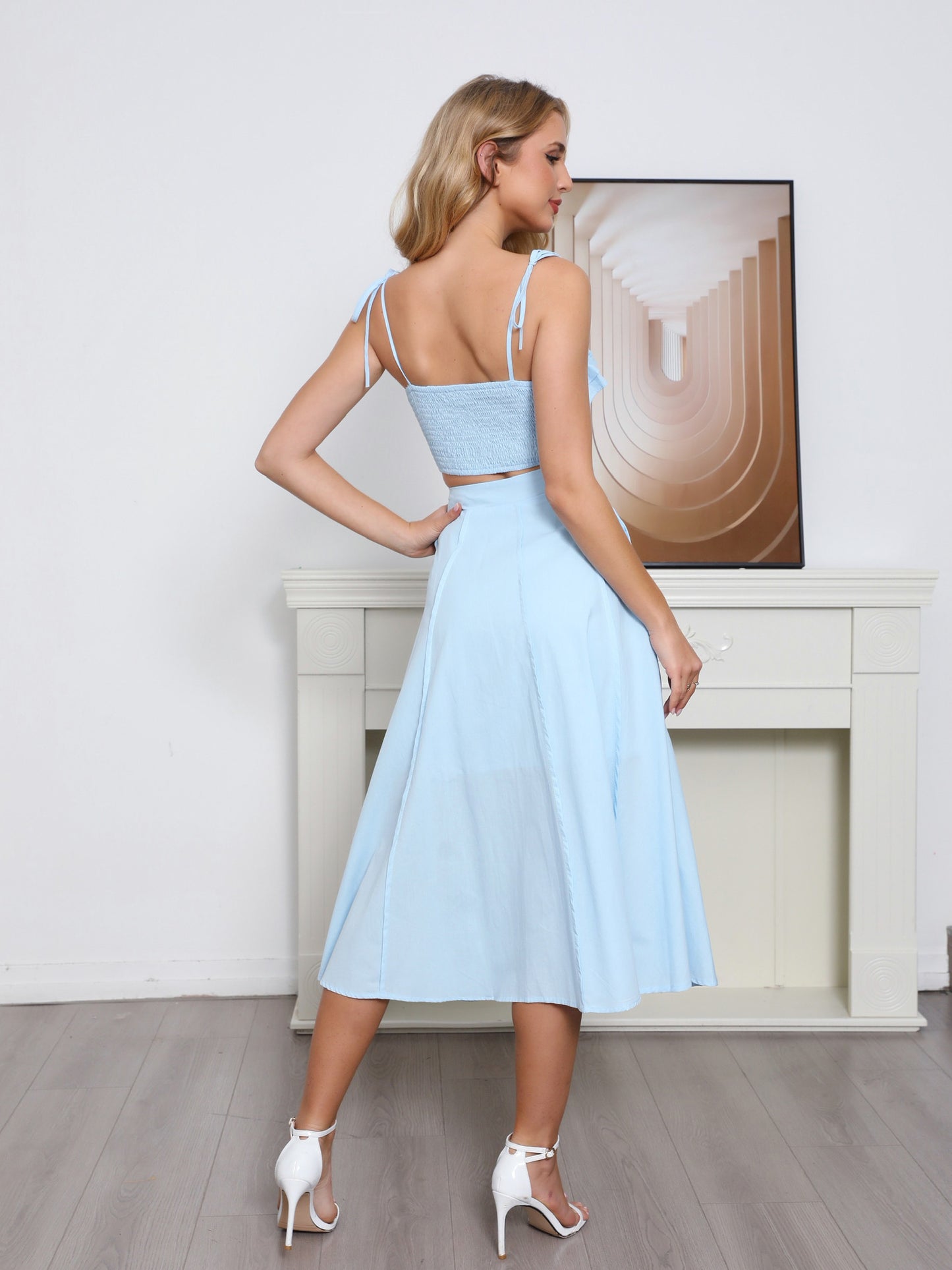 Women's Light Blue Ruffled Camisole Crop Top + Midi Skirt Set, French Retro-style Sweet Two-piece Outfit