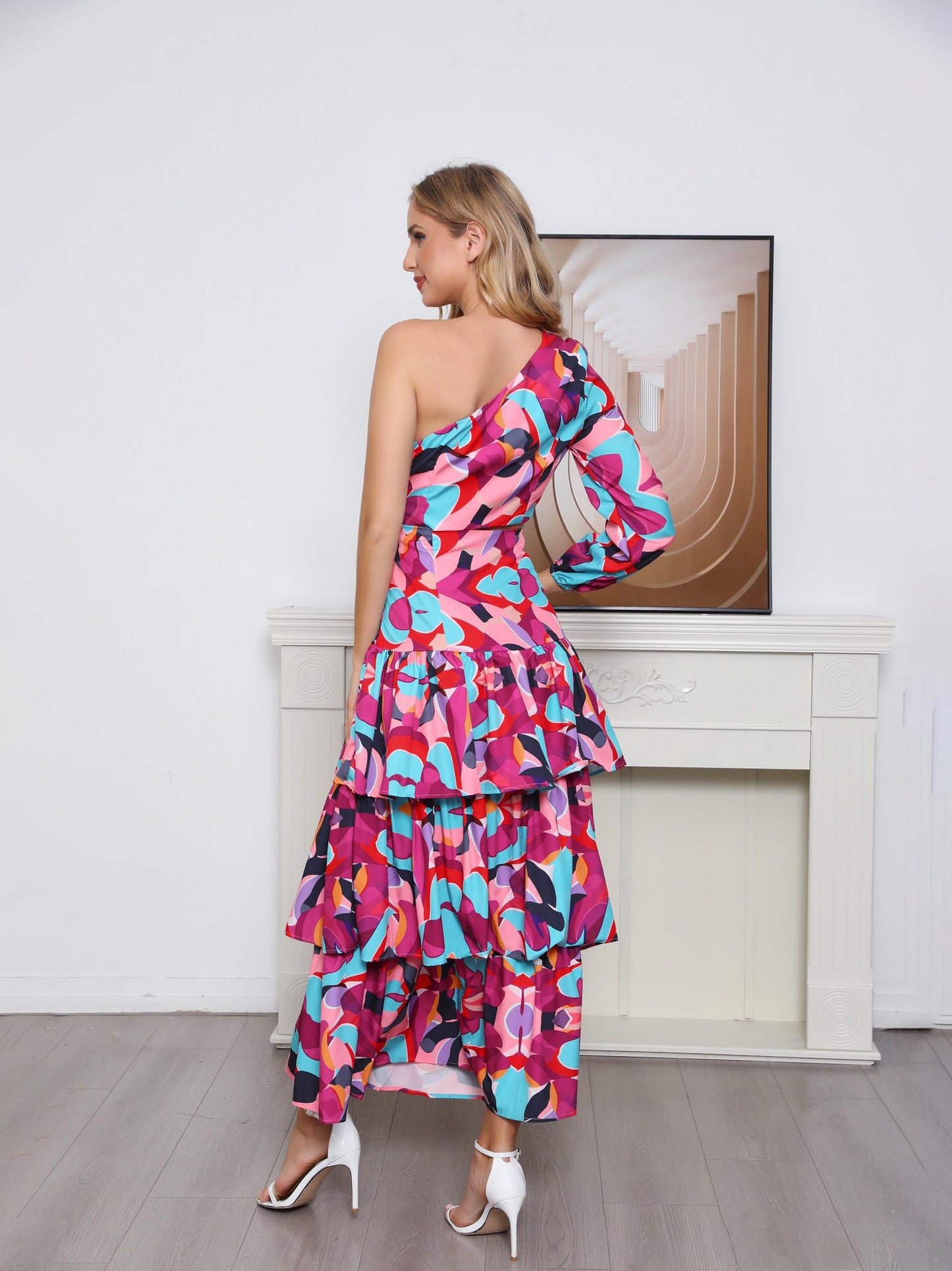 Women's Colorful Geometric Print One-shoulder Crop Top + Ruffled Maxi Skirt Set, Retro Bohemian-style Two-piece Outfit