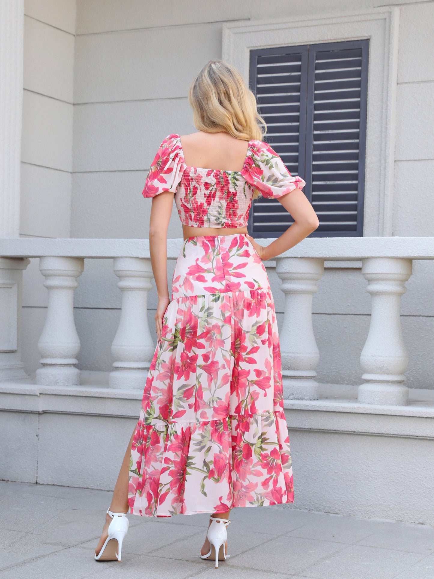 "Women's Pink Floral Print Puff Sleeve Crop Top + Slit Maxi Skirt Set, Holiday-style Sweet Waisted Two-piece Outfit "