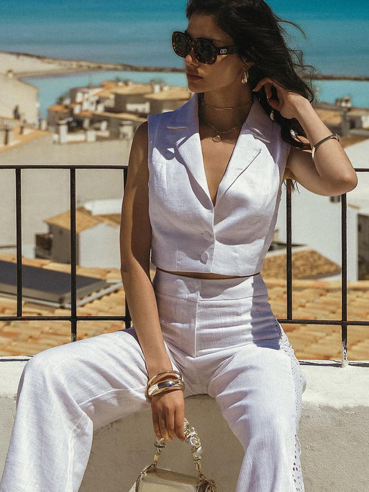 Women's White Sleeveless Cropped Blazer + Wide-leg Pants Set, French Holiday-style Hollow-out Accent Two-piece Outfit