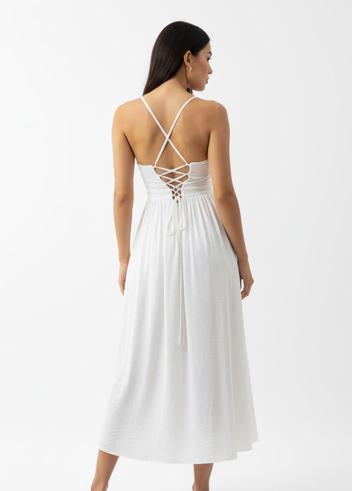 Women's White Floral Embroidered Camisole Midi Dress, Retro-style Sweet Slimming Dress