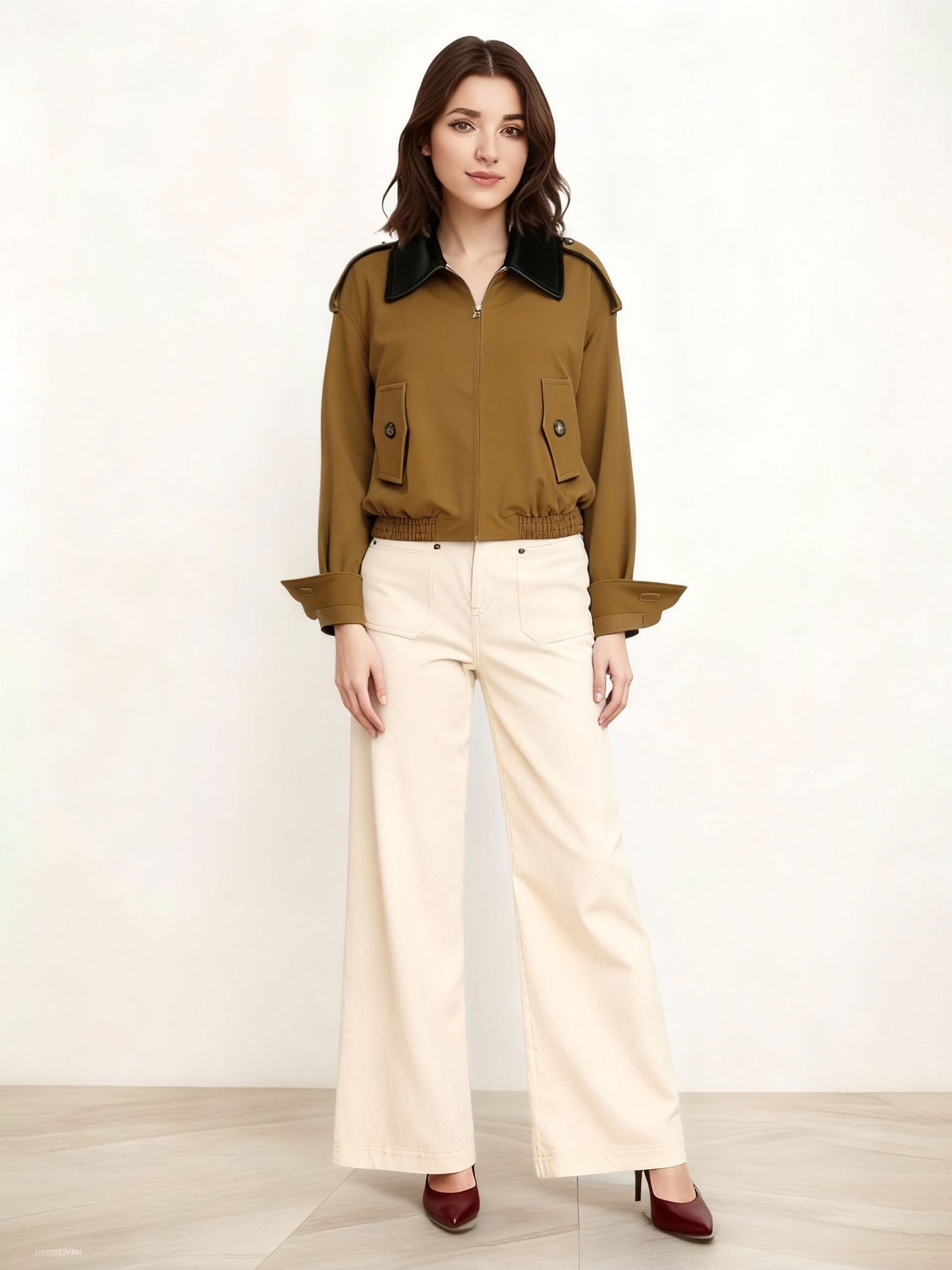 Women's Brown-Coffee Color-Block Paneled Cropped Utility-Style Jacket + Beige Wide-Leg Pants Two-Piece Set