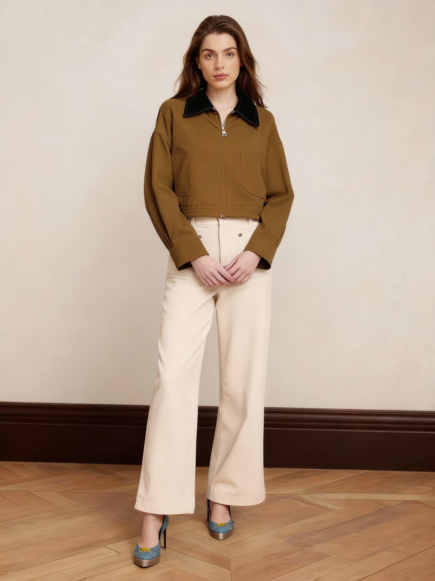 Women's Brown-Coffee Color-Block Paneled Cropped Utility-Style Jacket + Beige Wide-Leg Pants Two-Piece Set