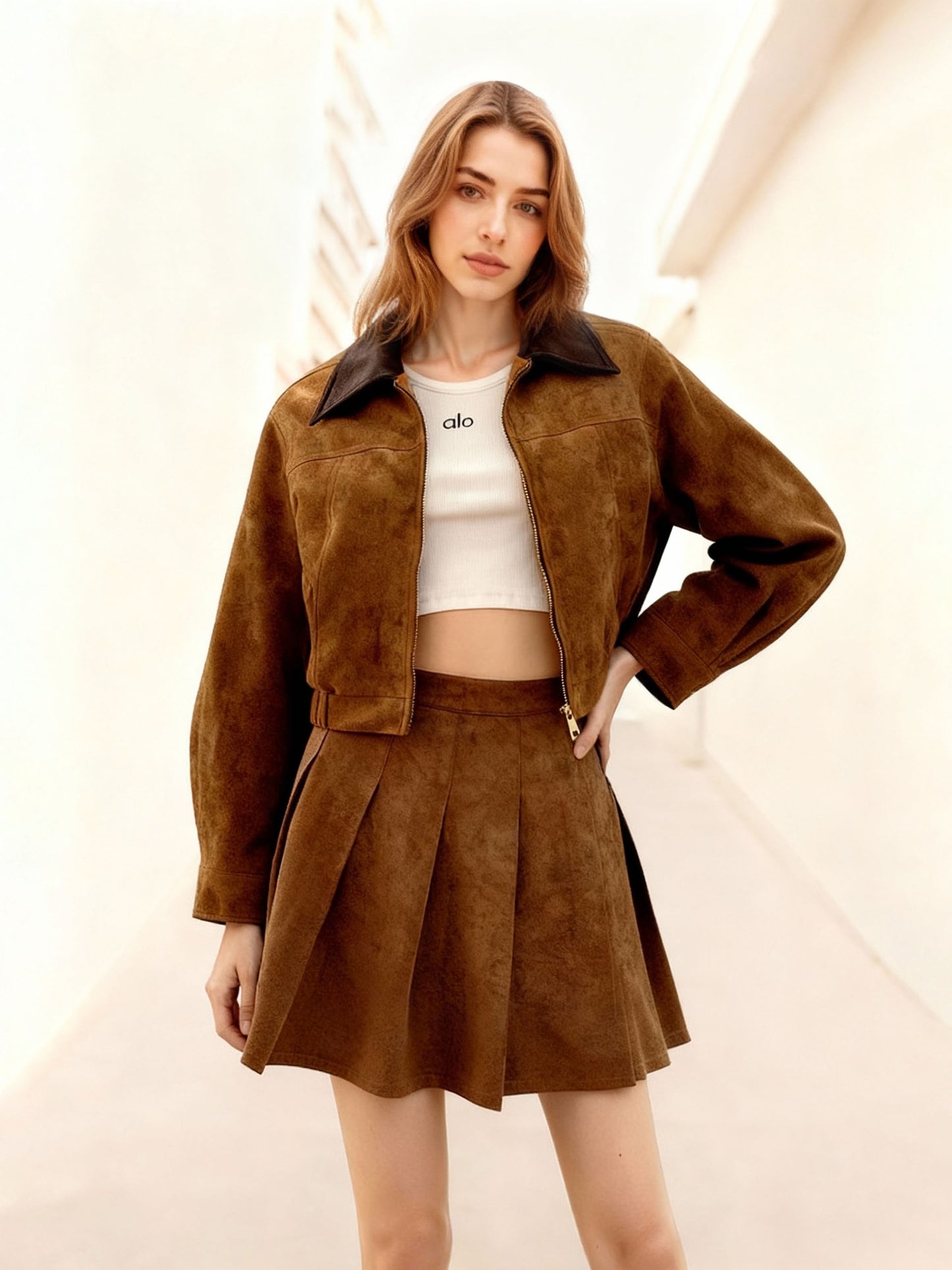 Women's Brown Suede-Like Color-Block Paneled Cropped Jacket + Pleated Skirt Two-Piece Set