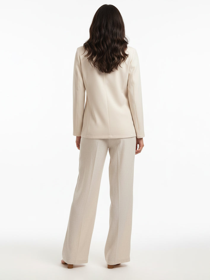 Women's Beige Jacquard Blazer + Beige Wide-leg Pants Set, Retro-style Minimalist Slimming Two-piece Outfit