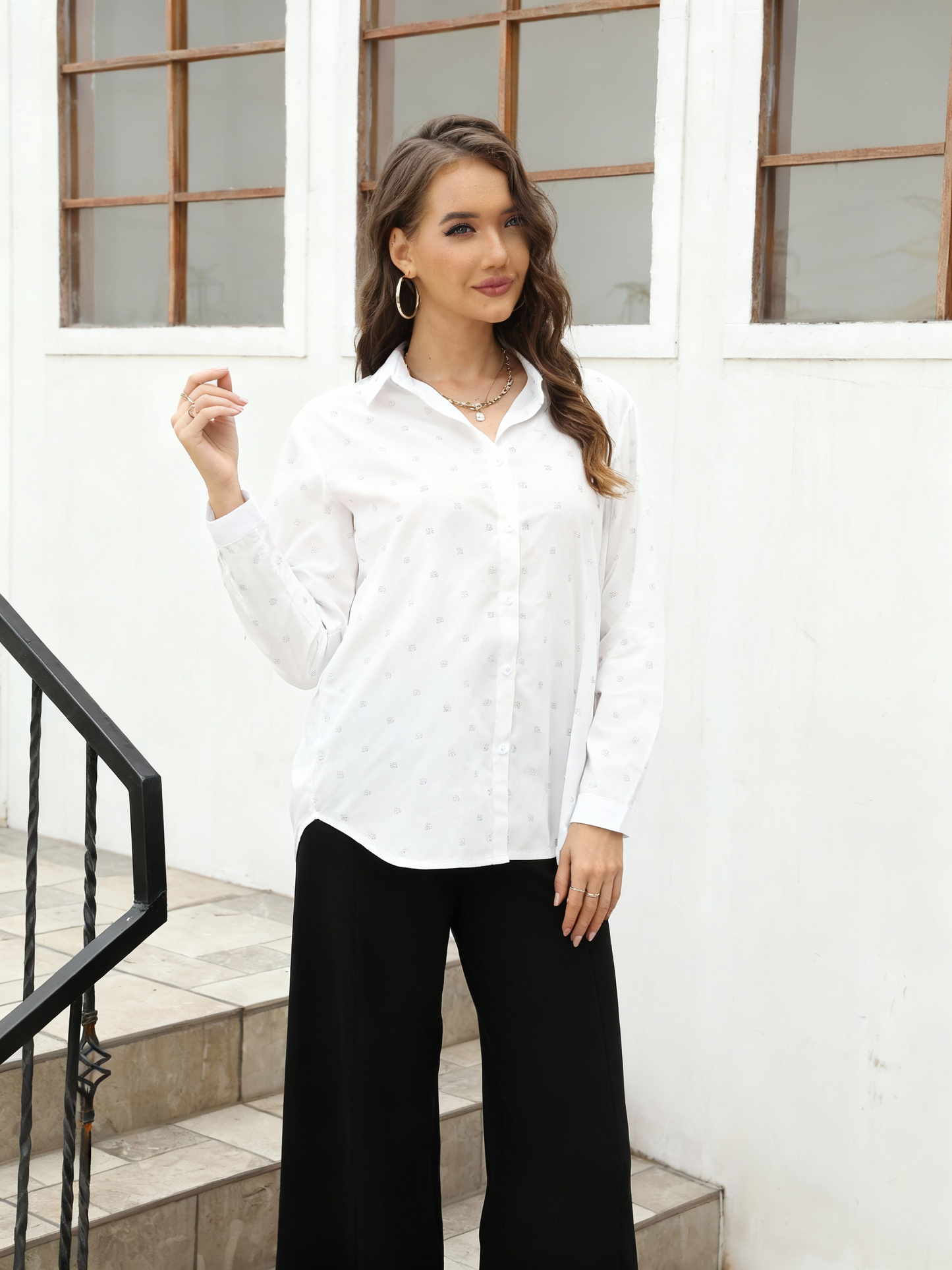 Women's White Small Polka Dot Loose Shirt + Black Wide-leg Pants Set, Office-style Minimalist Versatile Two-piece Outfit