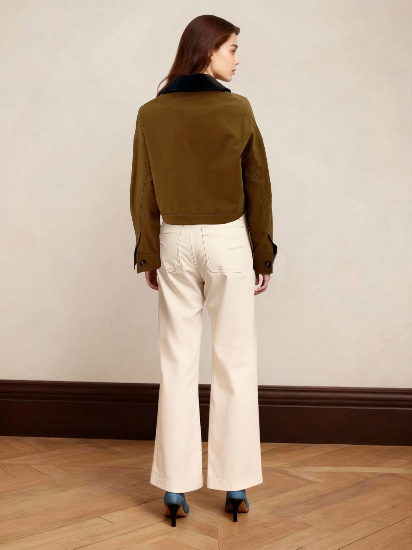 Women's Brown-Coffee Color-Block Paneled Cropped Utility-Style Jacket + Beige Wide-Leg Pants Two-Piece Set