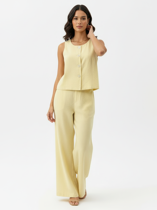 Women's Light Yellow Sleeveless Single-breasted Cropped Top + Wide-leg Pants Set, Retro-style Fresh Slimming Two-piece Outfit
