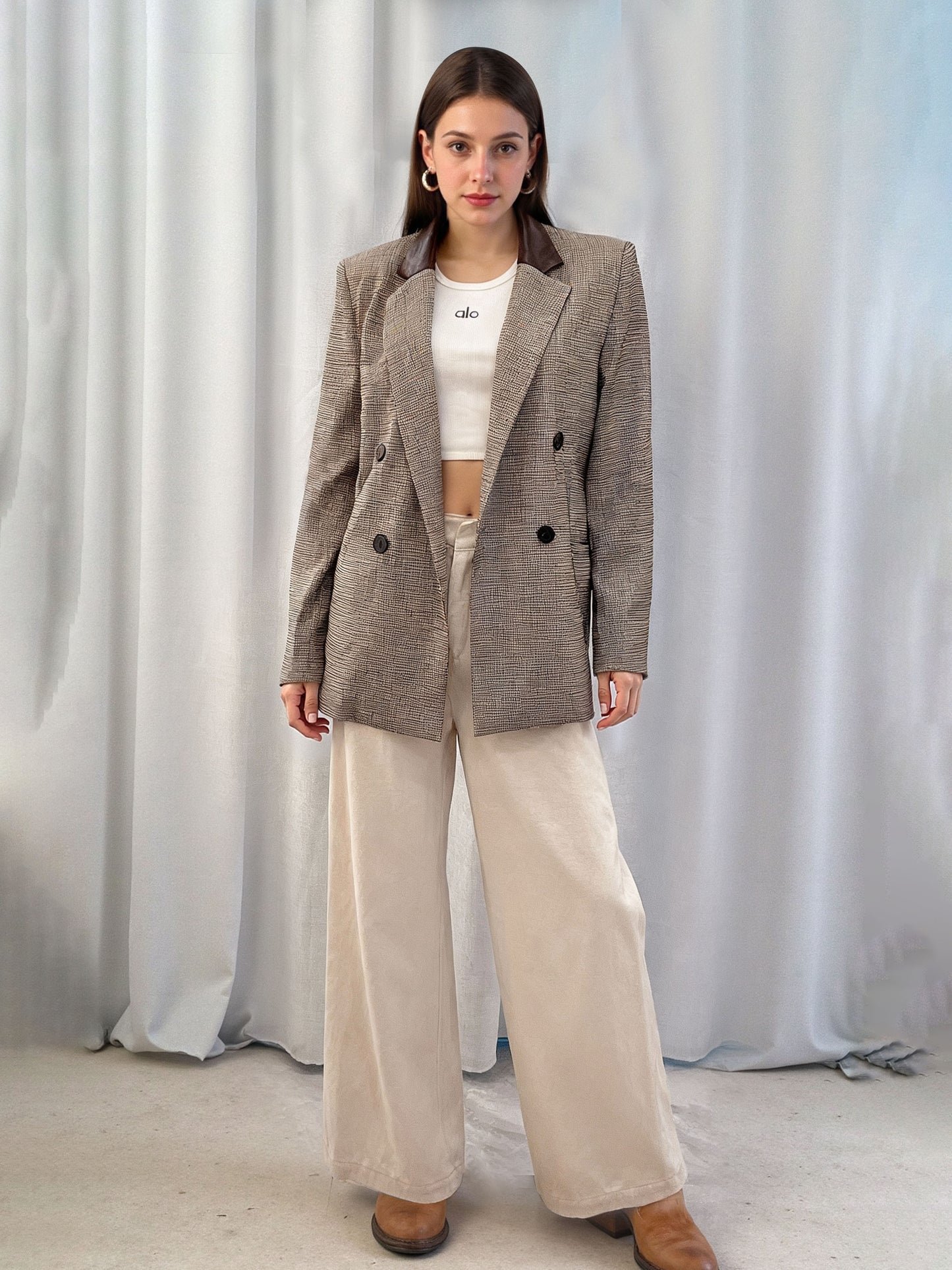 Women's Plaid Color-Block Paneled Blazer + Beige Wide-Leg Pants Two-Piece Set