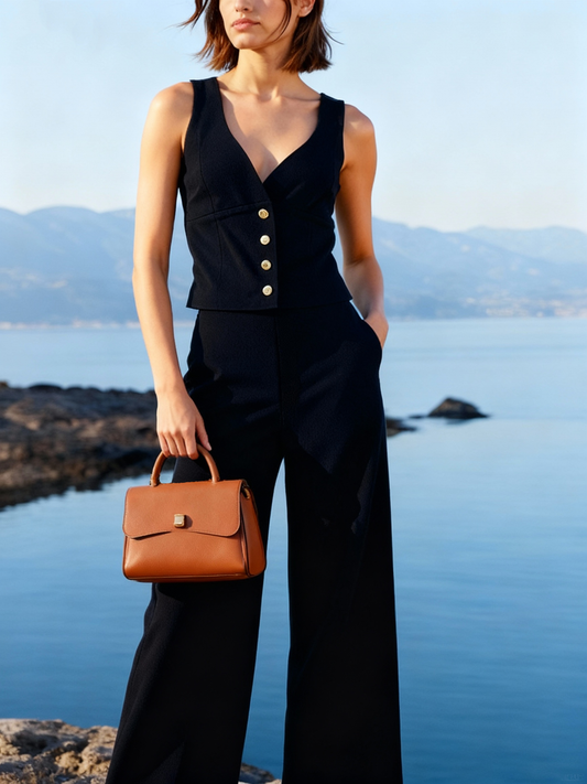 Women's Black Deep V Sleeveless Metallic Button Jumpsuit, Holiday-style Retro Slimming Wide-leg Jumpsuit