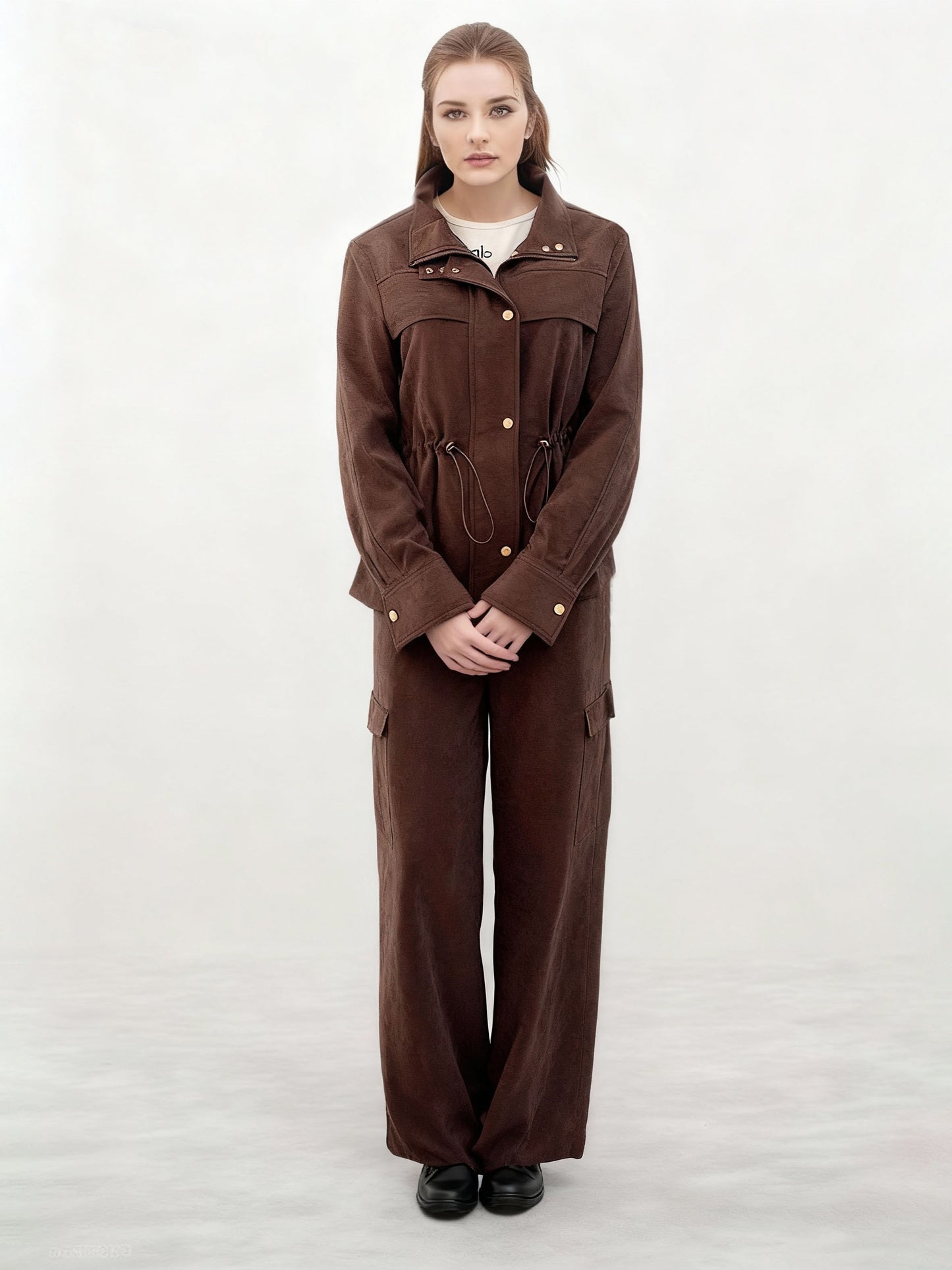 Women's Dark Brown Metal-Button Fitted-Waist Utility-Style Jacket + Wide-Leg Pants Two-Piece Set