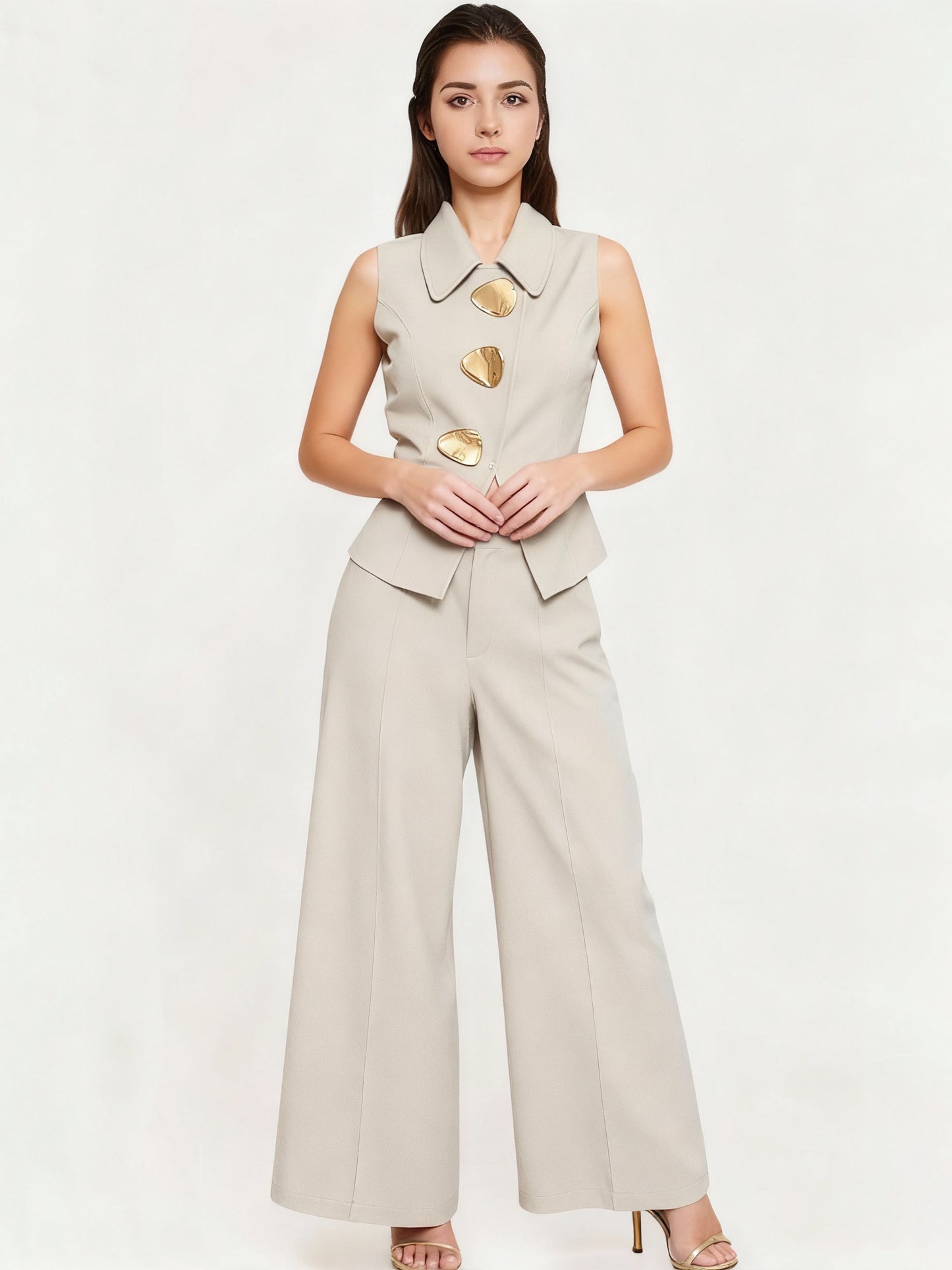 Women's Beige Irregular Metal-Button Sleeveless Vest + Wide-Leg Pants Two-Piece Set