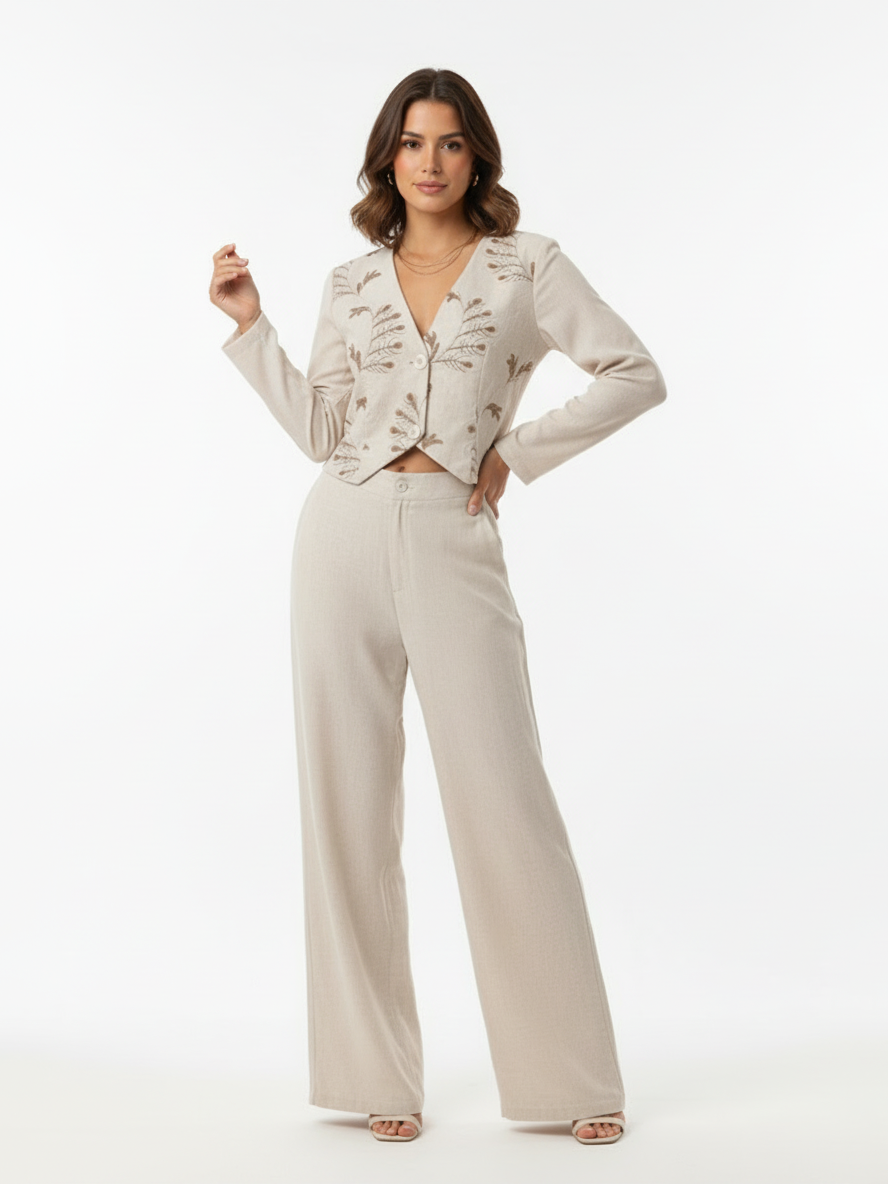 Women's Beige Plant Embroidered V-neck Cropped Top + Beige Wide-leg Pants Set, Retro-style Sweet Slimming Two-piece Outfit