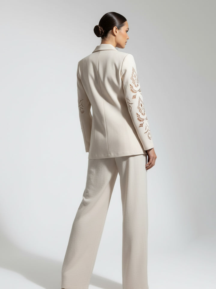 Women's Beige Hollow-out Patterned Blazer + Beige Wide-leg Pants Set, Retro-style Minimalist Slimming Two-piece Outfit