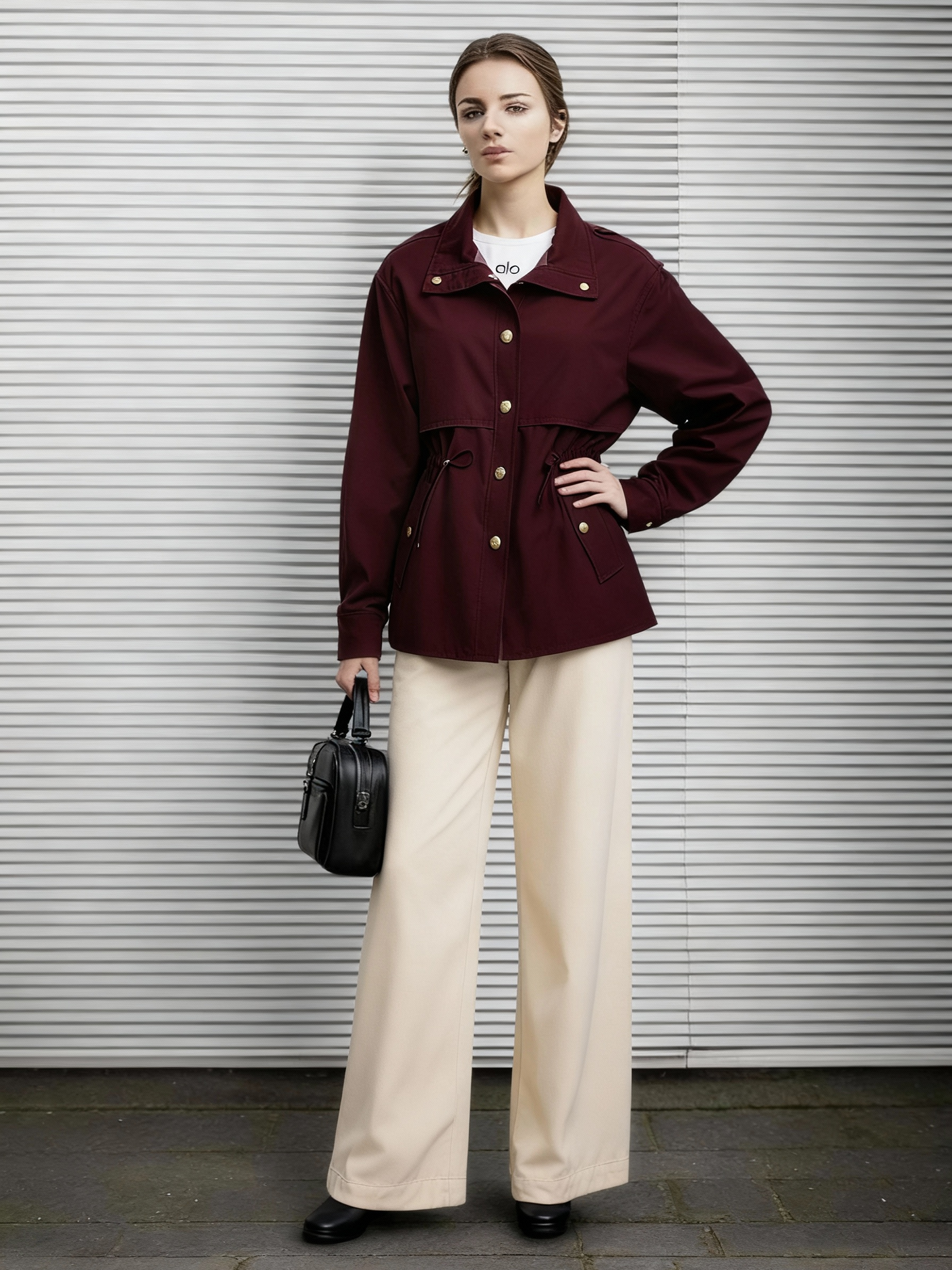 Women's Burgundy Fitted-Waist Utility-Style Jacket + Beige Wide-Leg Pants Two-Piece Set