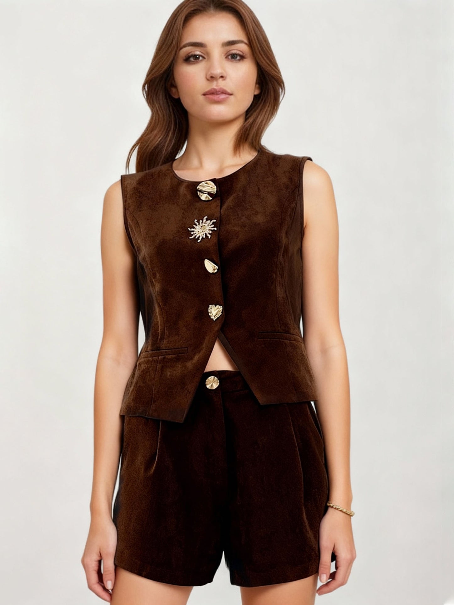Women's Brown Suede-Like Decorative-Button Sleeveless Vest + Shorts Two-Piece Set