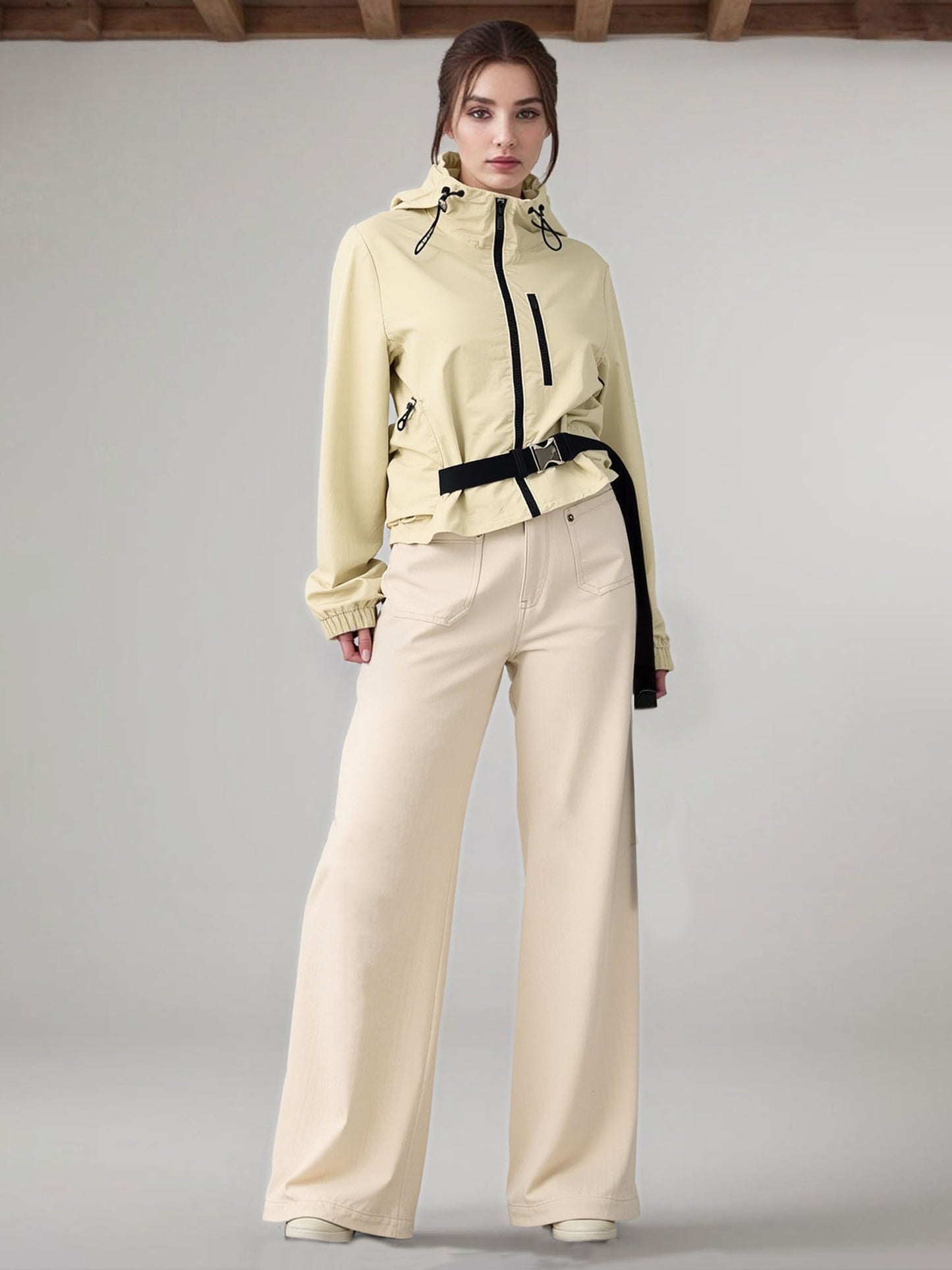 Women's Off-White Color-Block Fitted-Waist Hooded Utility-Style Jacket + Wide-Leg Pants Two-Piece Set