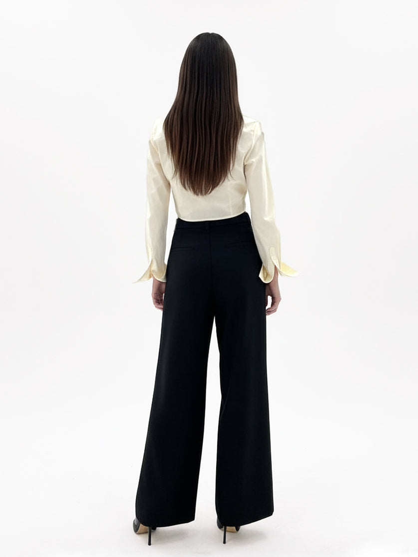 "Women's Beige Collared Long-sleeve Tie-up Cropped Top + Black Wide-leg Pants Set, Retro-style Minimalist Slimming Two-piece Outfit "