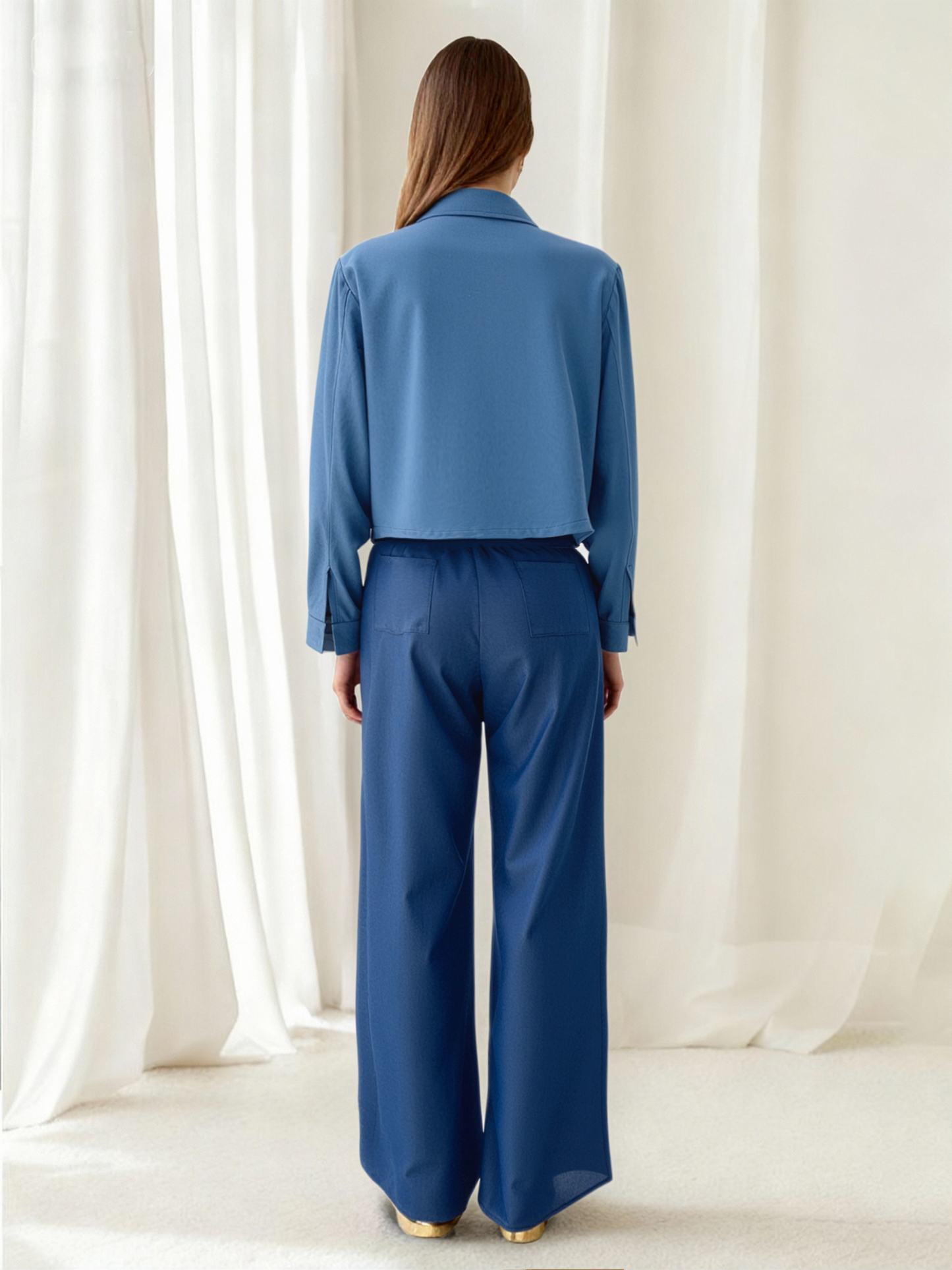 Women's Blue Printed Cropped Jacket + Wide-leg Pants Set, Retro-style Elegant Slimming Two-piece Outfit