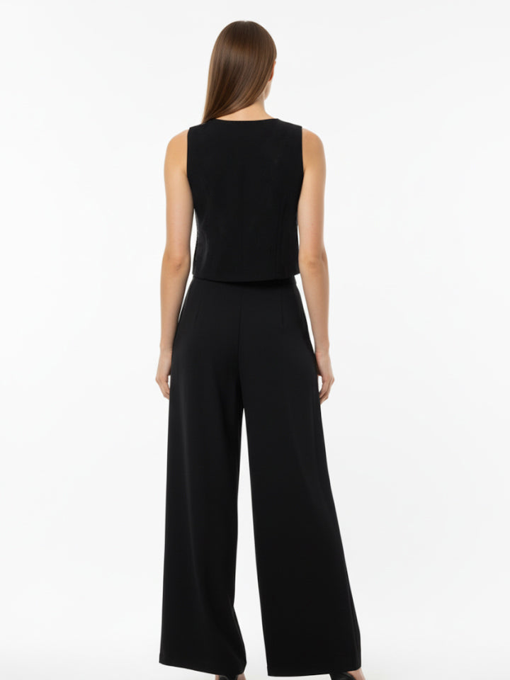 "Women's Black Plant Embroidered Sleeveless Cropped Top + Black Wide-leg Pants Set, Retro-style Smart Slimming Two-piece Outfit "