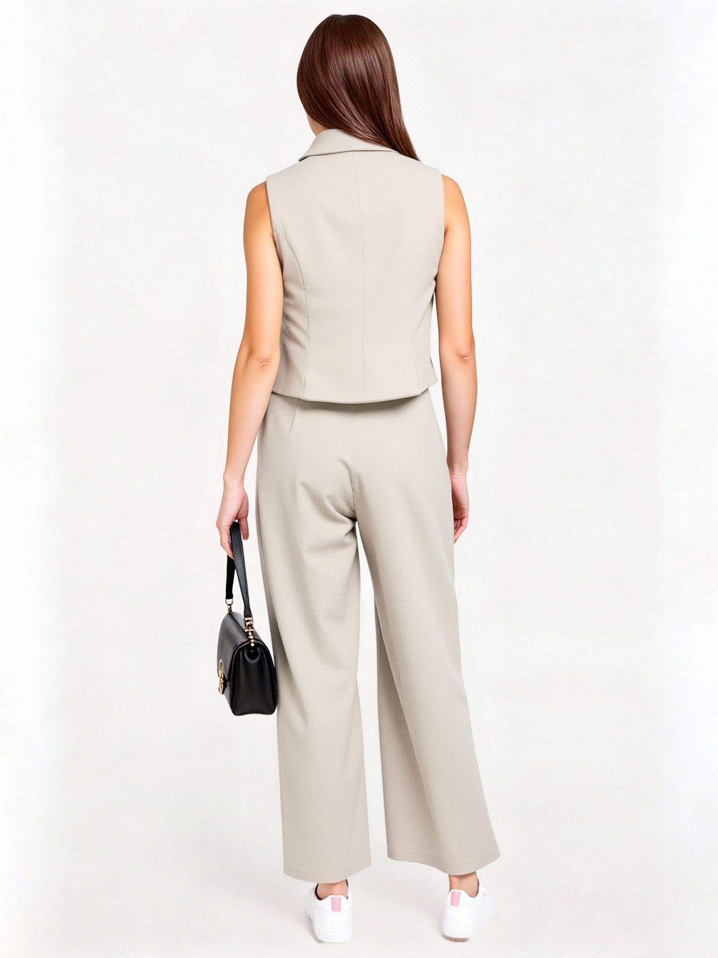 Women's Beige Irregular-Button Sleeveless Vest + Wide-Leg Pants Two-Piece Set