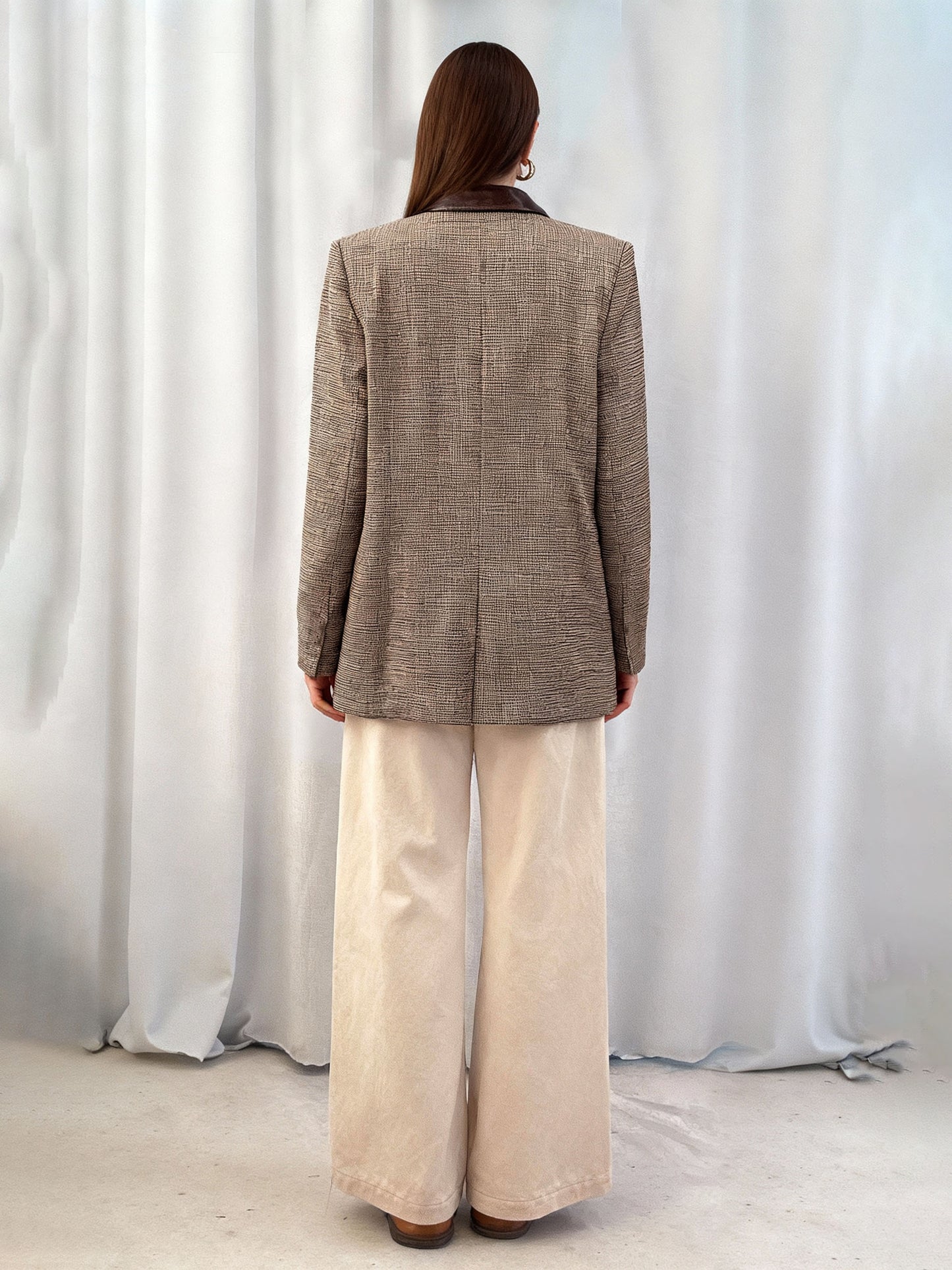 Women's Plaid Color-Block Paneled Blazer + Beige Wide-Leg Pants Two-Piece Set