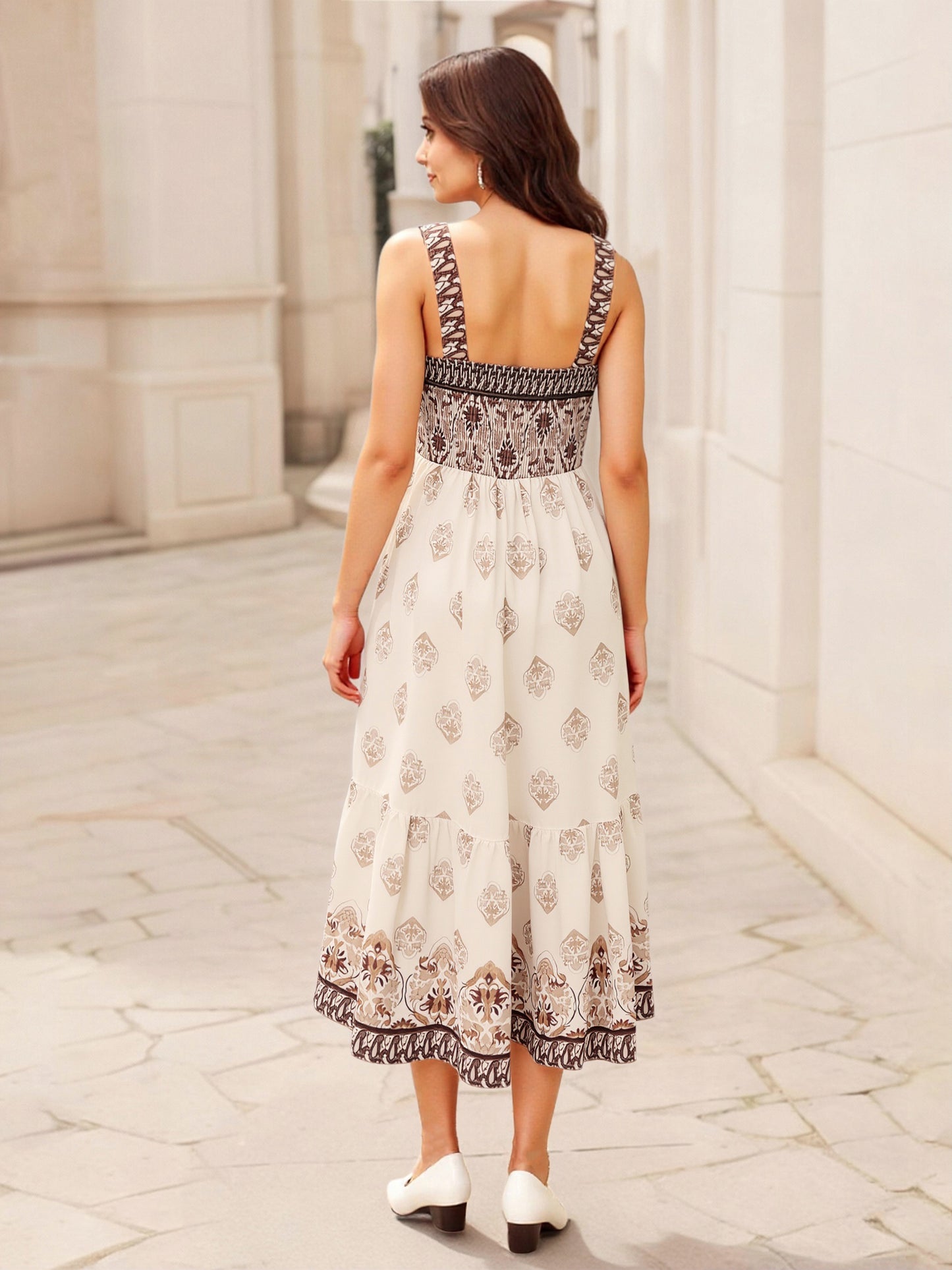 Women's Beige-brown Printed Square Neck Camisole Midi Dress, Retro-style Elegant Slimming Ethnic-style Dress