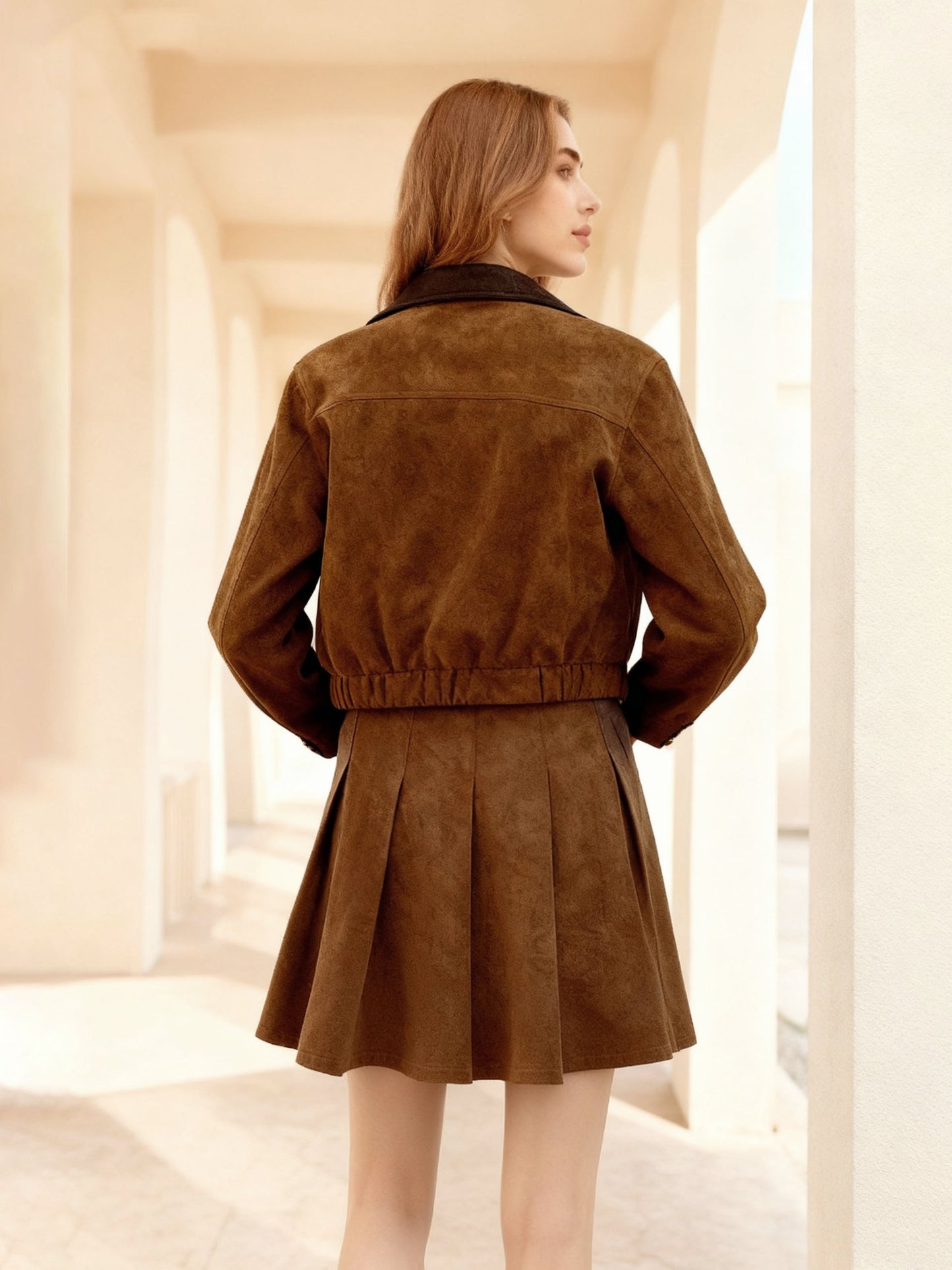 Women's Brown Suede-Like Color-Block Paneled Cropped Jacket + Pleated Skirt Two-Piece Set