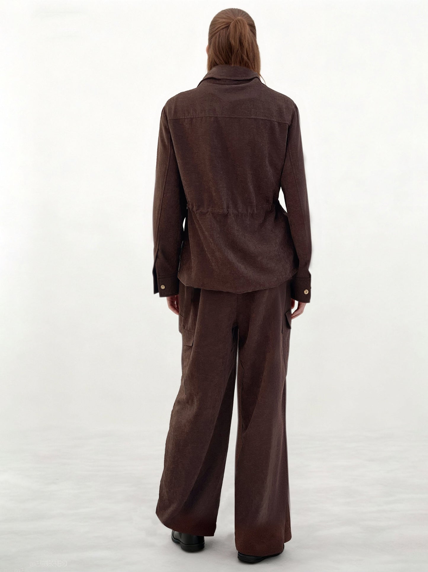 Women's Dark Brown Metal-Button Fitted-Waist Utility-Style Jacket + Wide-Leg Pants Two-Piece Set
