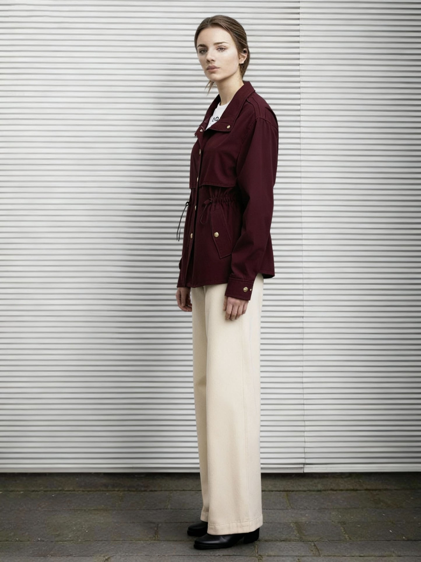 Women's Burgundy Fitted-Waist Utility-Style Jacket + Beige Wide-Leg Pants Two-Piece Set