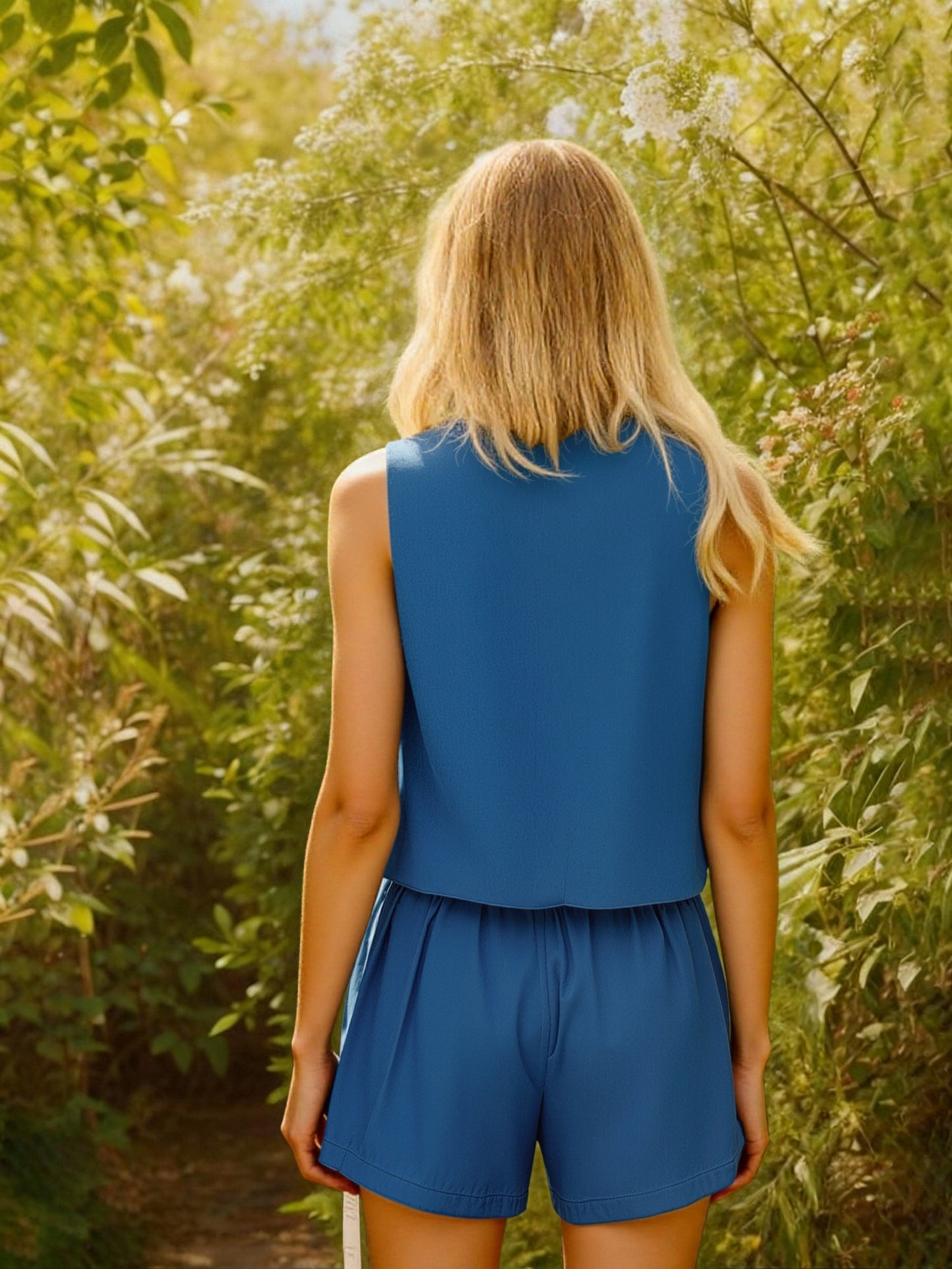 "Women's Blue Wheat Ear Printed Sleeveless Cropped Top + Shorts Set, Retro-style Fresh Slimming Two-piece Outfit "