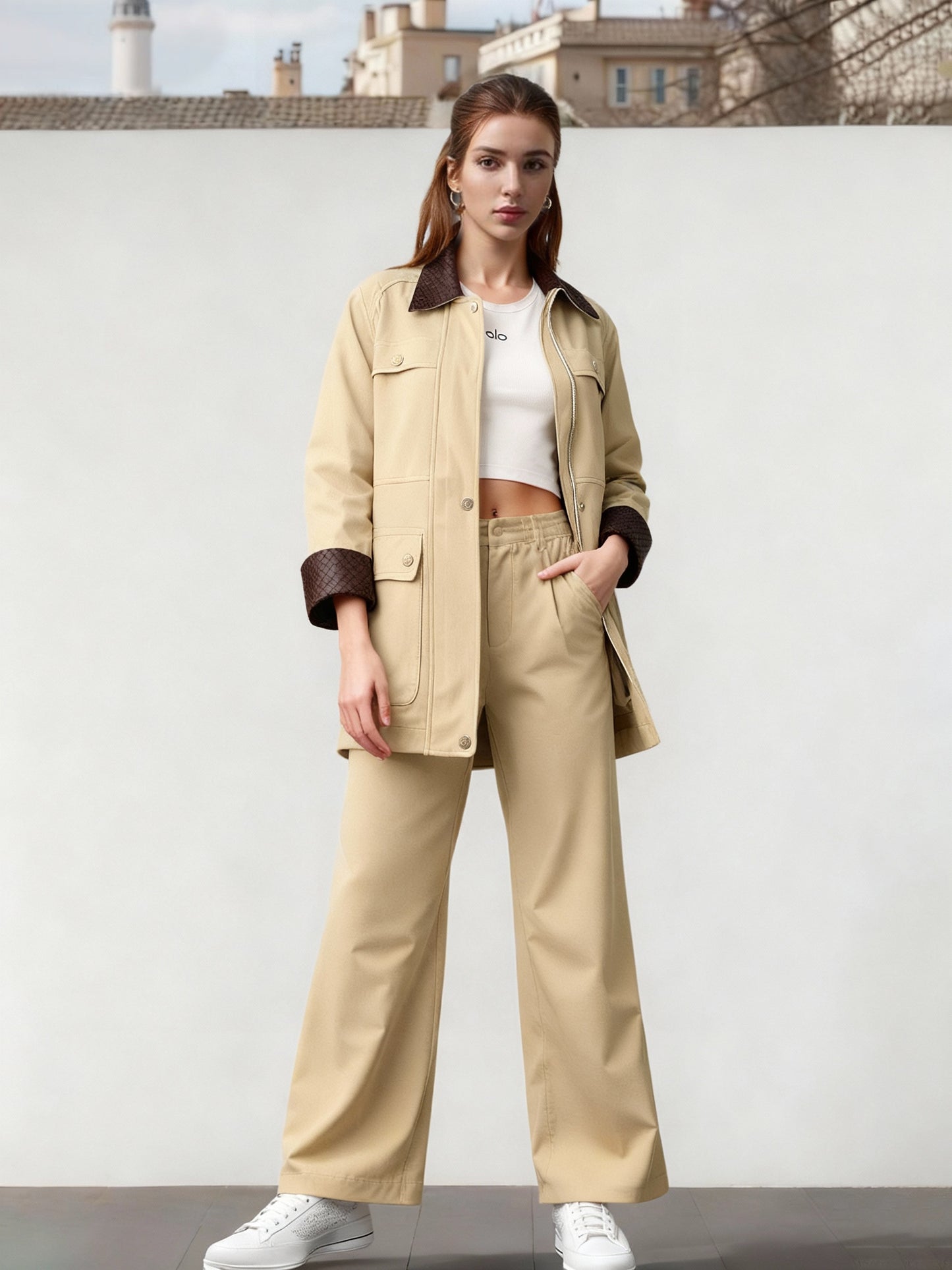 Women's Khaki Color-Block Cargo-Style Jacket + Wide-Leg Pants Two-Piece Set, Women's Casual & Office-Ready Outfit,Minimum order quantity: 1 piece