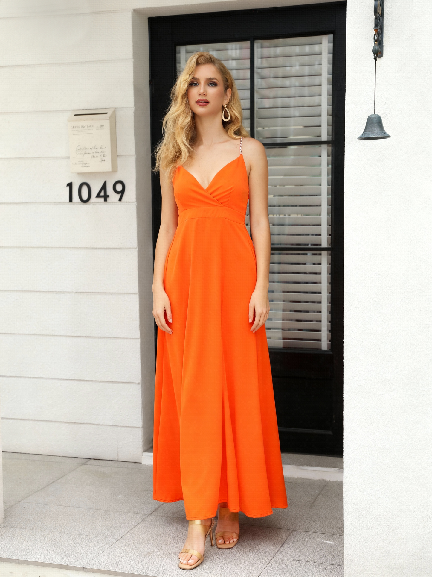 Women's Orange Rhinestone Strap Deep V Slit Maxi Dress, Party-style Sexy Waisted Slimming Dress