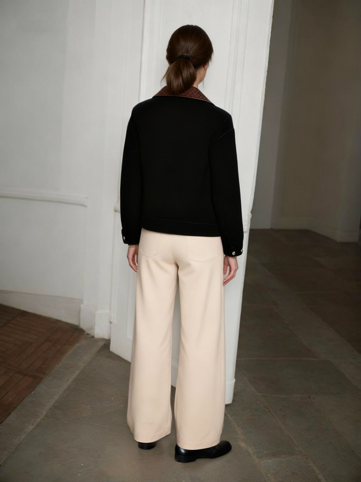 Women's Black Contrast-Color Paneled Utility-Style Short Jacket + Beige Wide-Leg Pants Two-Piece Set