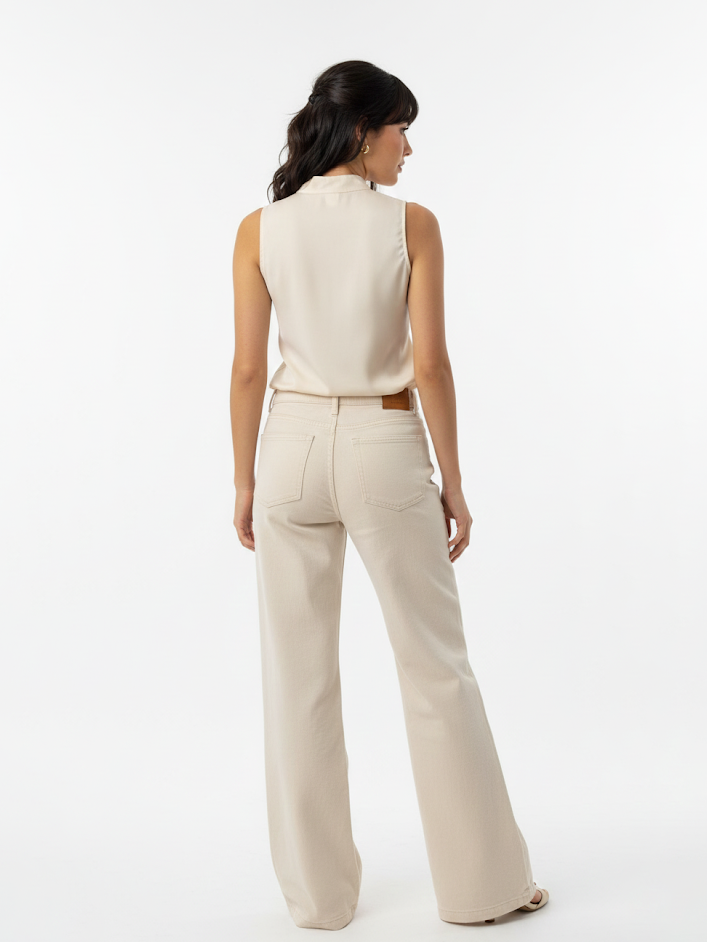 Women's Beige Draped Collar Sleeveless Waist-defined Top + Beige Wide-leg Pants Set, Retro-style Elegant Slimming Two-piece Outfit