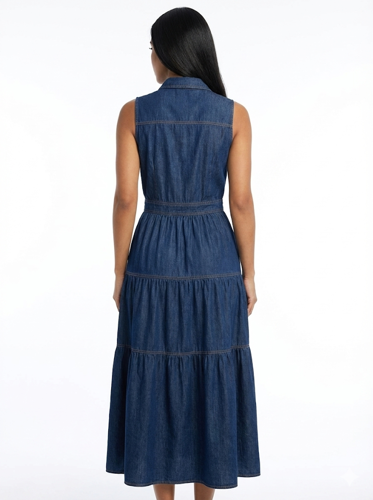 Women's Dark Blue Collared Sleeveless Tie-up Waist-defined Tiered Ruffle Denim Maxi Dress, Retro-style Sweet Slimming Dress