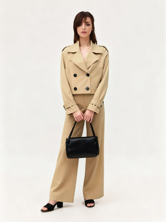 Conjunto de dos piezas de gabardina corta color caqui y pantalón ancho para mujer