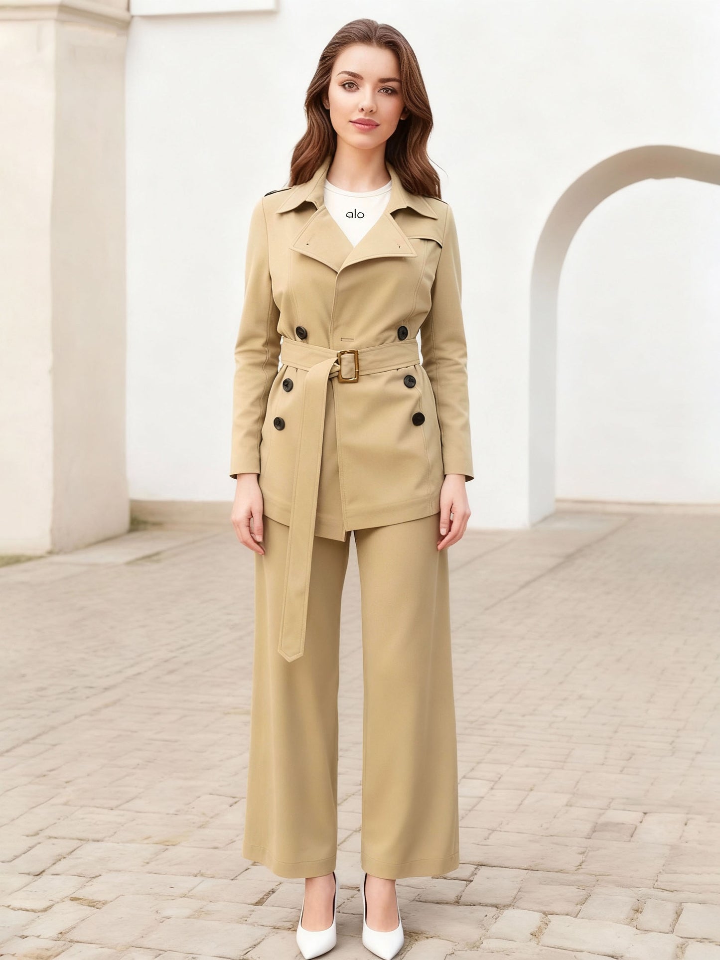 Women's Khaki Classic Trench Coat + Wide-Leg Pants Two-Piece Set