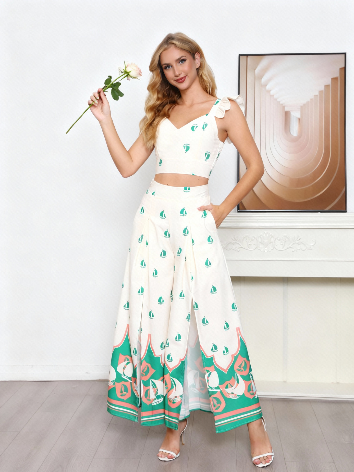 Women's Beige Sailboat Print Ruffled Camisole Crop Top + Wide-leg Pants Set, Holiday-style Sweet Waisted Two-piece Outfit
