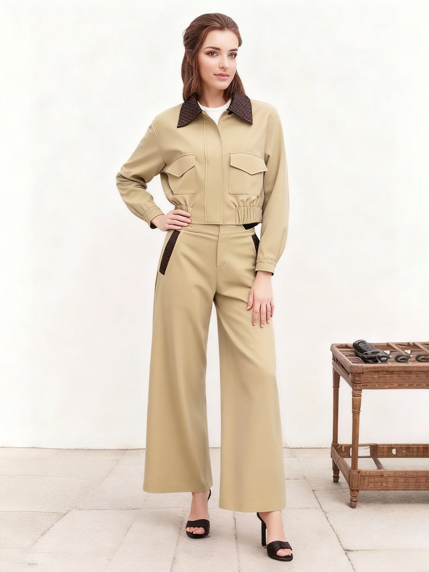 Ensemble deux pièces veste courte style cargo à panneaux et pantalon large à blocs de couleurs kaki pour femme,