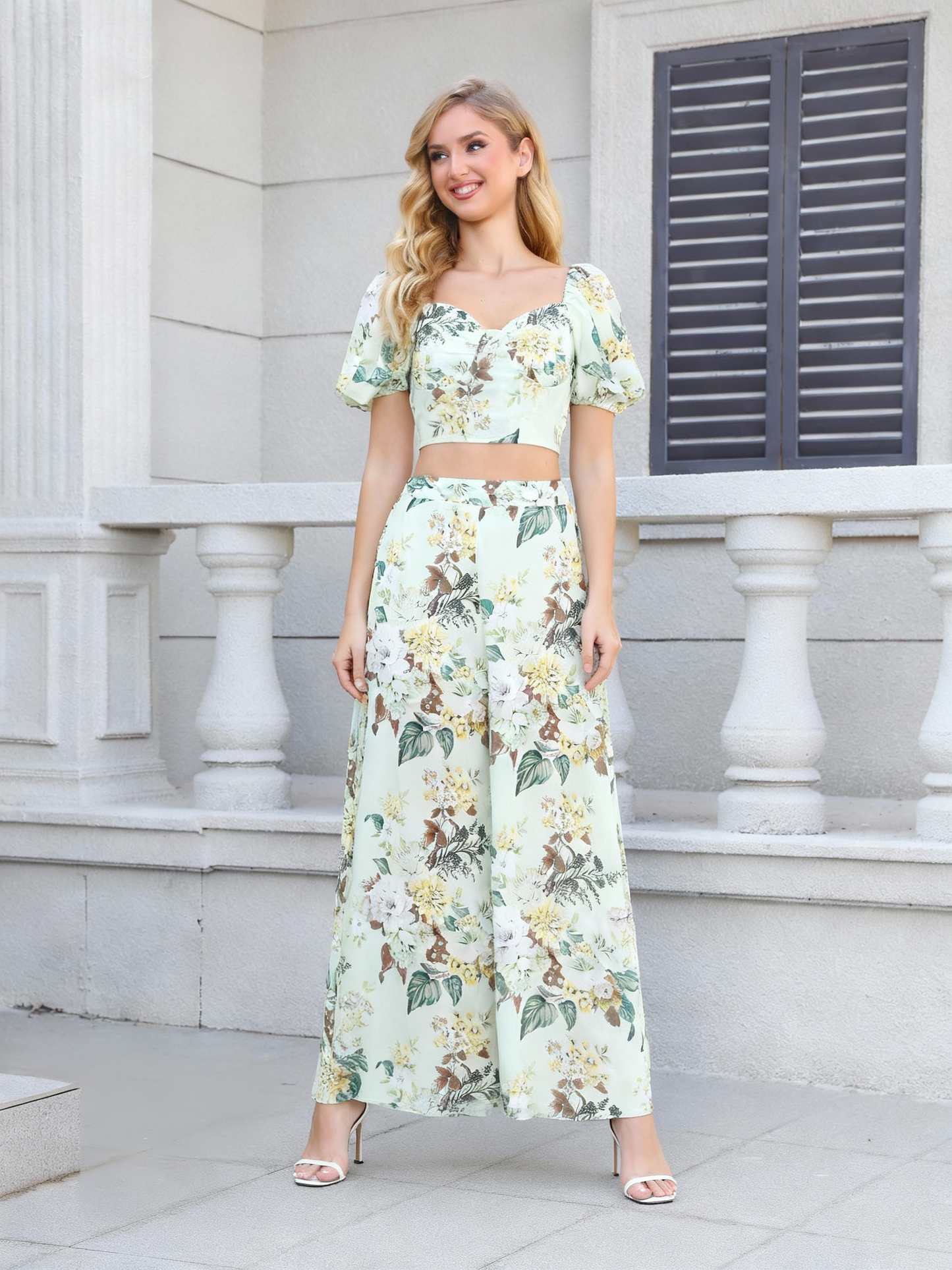 Women's Light Green Floral Print Puff Sleeve Crop Top + Wide-leg Pants Set, Holiday-style Sweet Waisted Two-piece Outfit