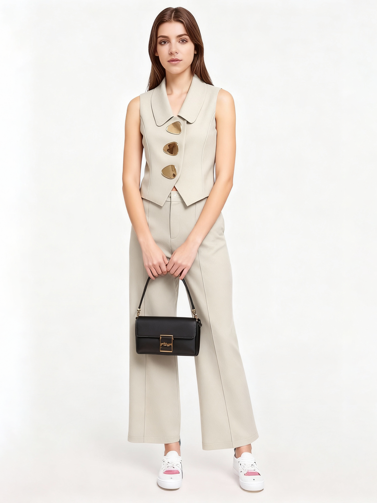 Women's Beige Irregular-Button Sleeveless Vest + Wide-Leg Pants Two-Piece Set
