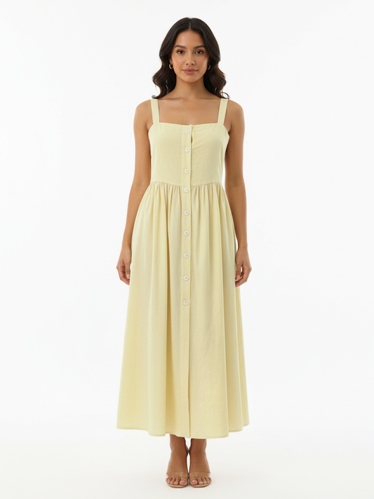 Women's Light Yellow Square Neck Single-breasted Camisole Maxi Dress, Retro-style Fresh Slimming A-line Dress
